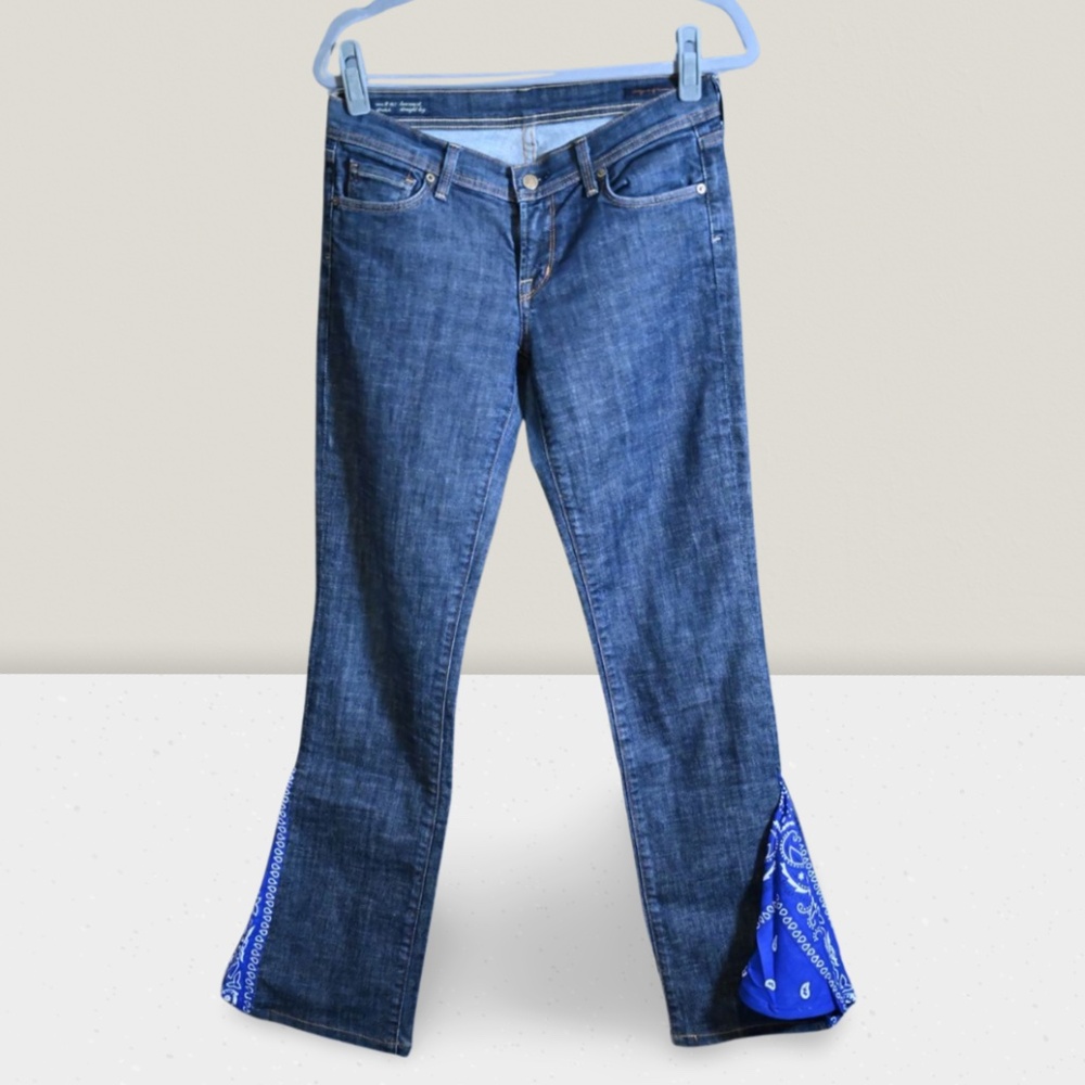 Dark Wash Jeans – Custom Flares with Blue Bandana Details